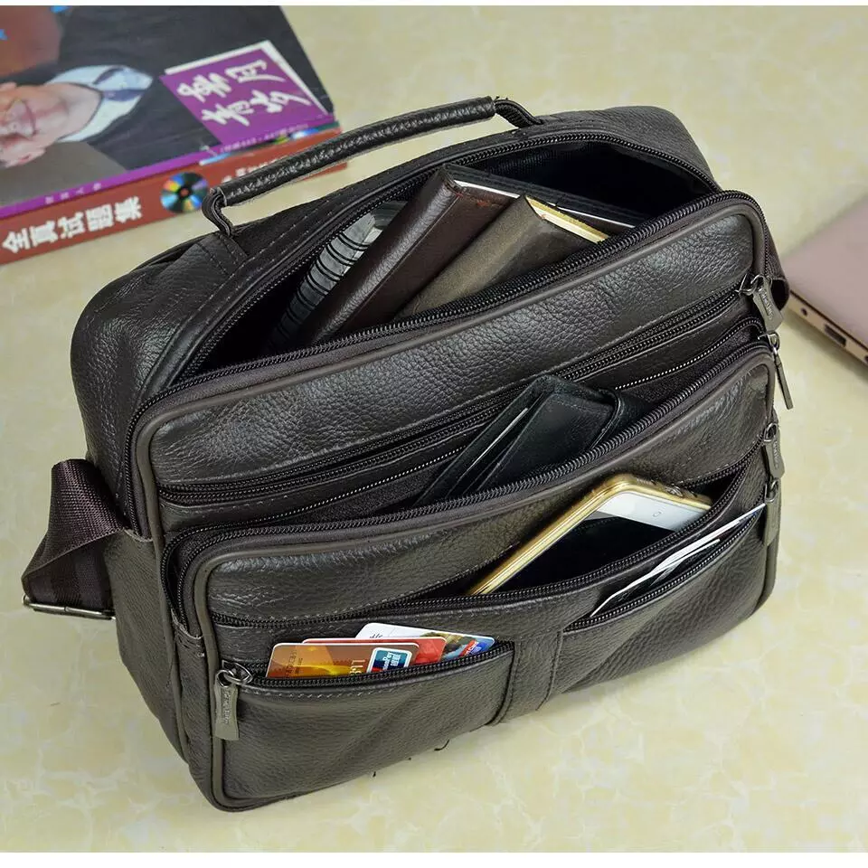 Coffee Men Genuine Leather Shoulder Bag Male Cowhide Leather Handbags Men's Large Zipper Messenger Bag Travel Tablet Bag Tote