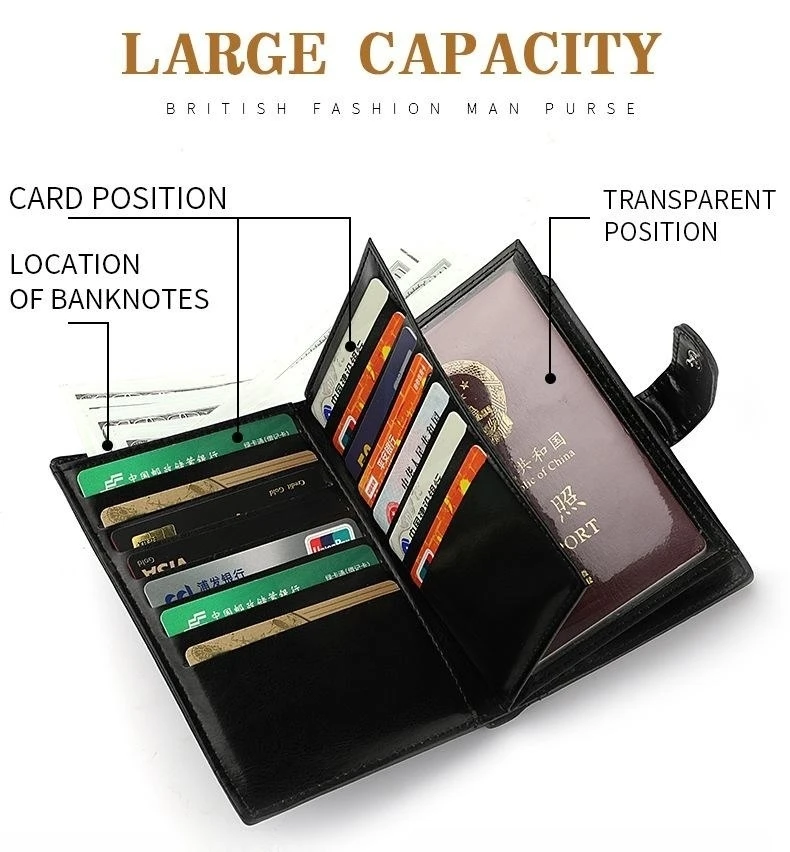 Alternative view of High Capacity Men's Passport Leather Wallet Multiple Card Slots and A Clear ID Window Vintage Business Card Bag