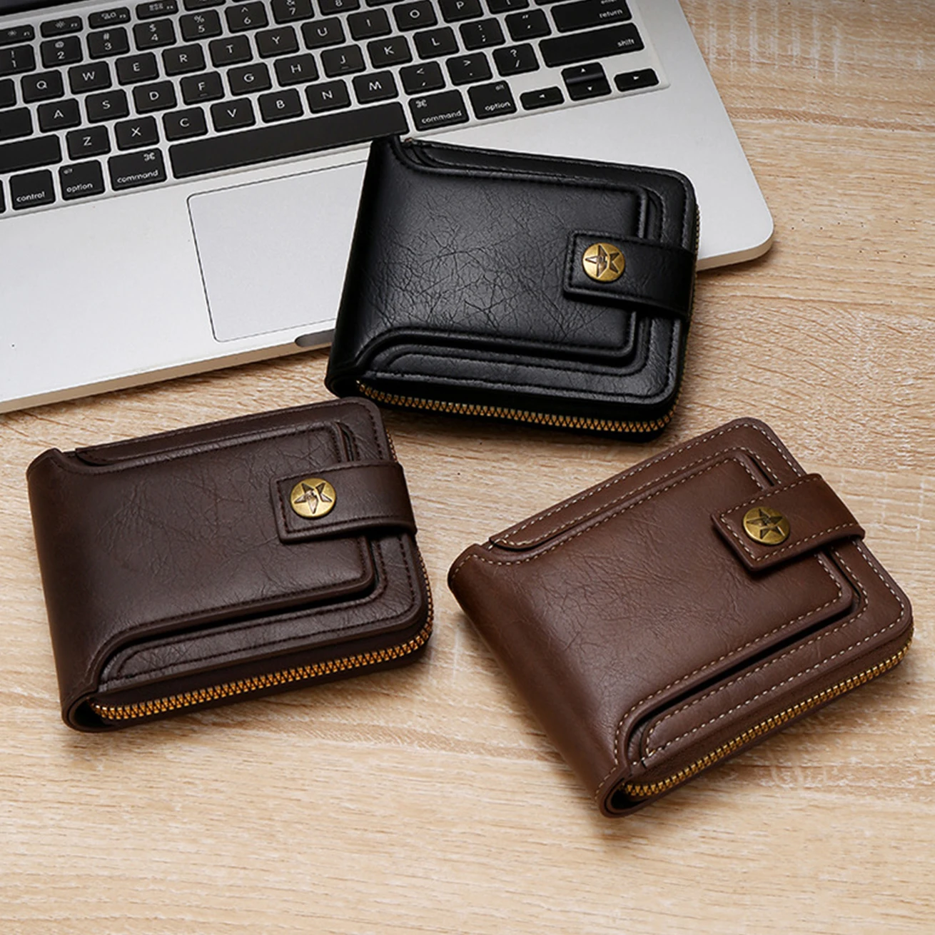 Alternative view of Vintage Men High Quality PU Leather Small Wallet Short Horizontal Zipper Coin Pocket Tri-fold Card Case Purse billetera hombre