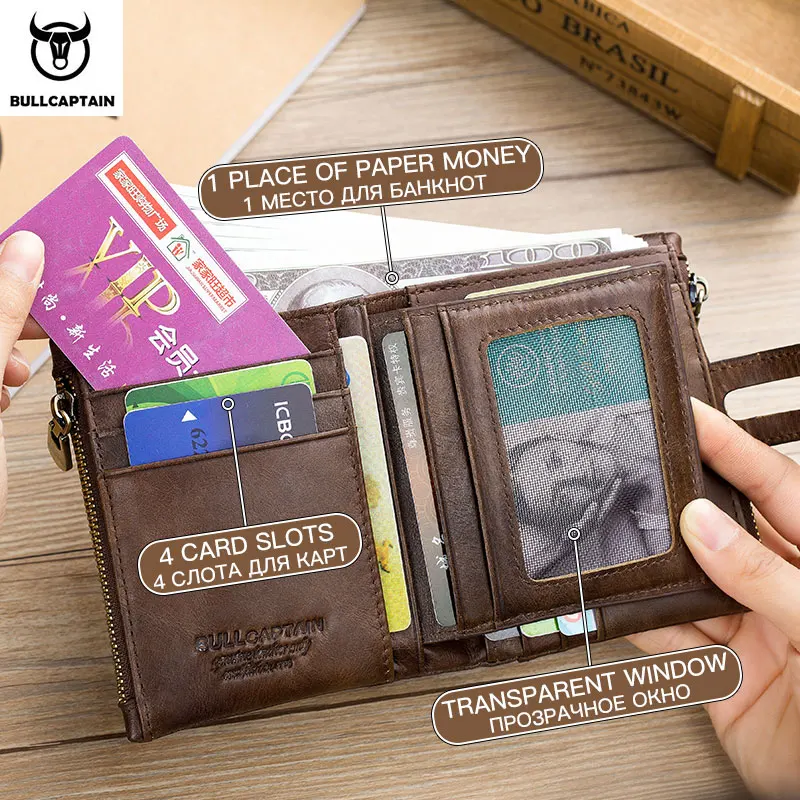 Alternative view of BULLCAPTAIN Genuine Leather RFID Men Wallet Credit Business Card Holders Double Zipper Cowhide Leather Wallet Purse Carteira 021