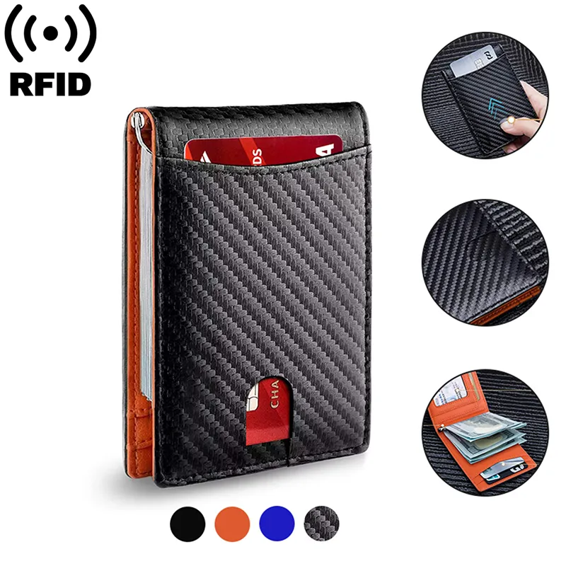 Rfid Genuine Leather Men Wallets Money Bag Slim Thin Card Holder Wallet Carbon Fiber Male Small Short Purse Black Walet Billfold