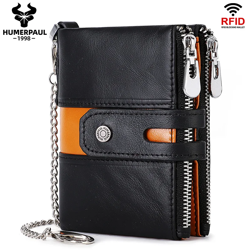HUMERPAUL Genuine Leather Men's Wallet Fashion Quality Travel Purse Rfid Protect Credit Card Holder Wollst for Men with Chain