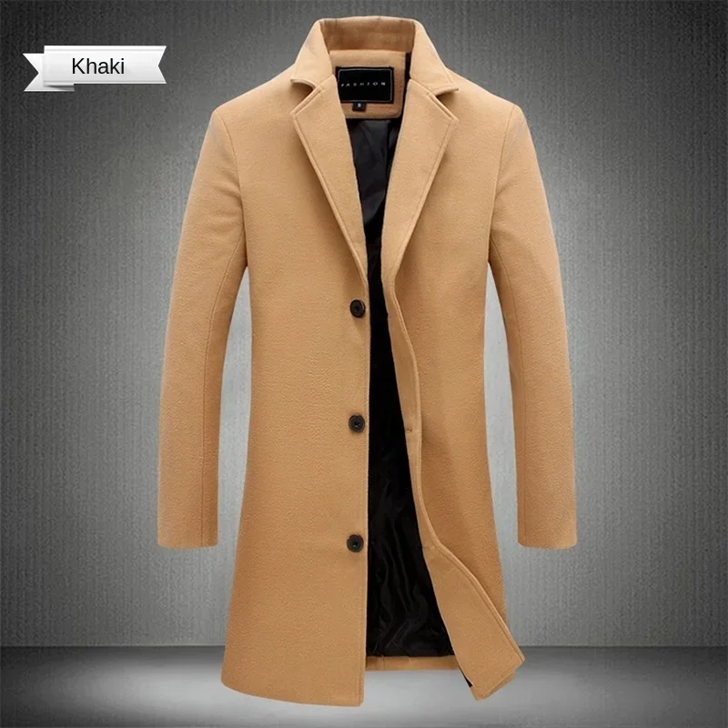2023 Spring Autumn New Long Cotton Coat New Wool Blend Pure Color Casual Business Fashion Men's Clothing Slim Windbreaker Jacket
