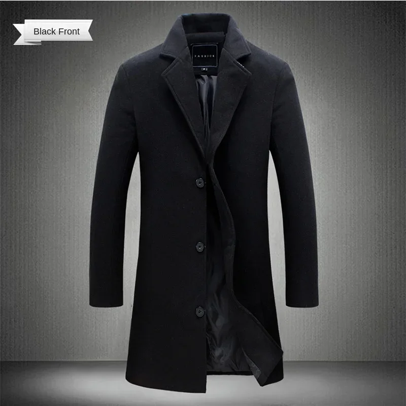 Alternative view of 2023 Spring Autumn New Long Cotton Coat New Wool Blend Pure Color Casual Business Fashion Men's Clothing Slim Windbreaker Jacket
