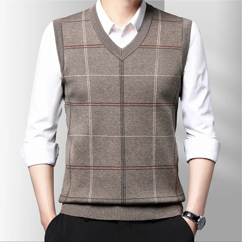 Alternative view of BROWON Brand Knitted Sweater Men Autumn and Winter New Fashion Plaid Sweater Vest Men Slim V-neck Sleeveless Vest Mens Sweater