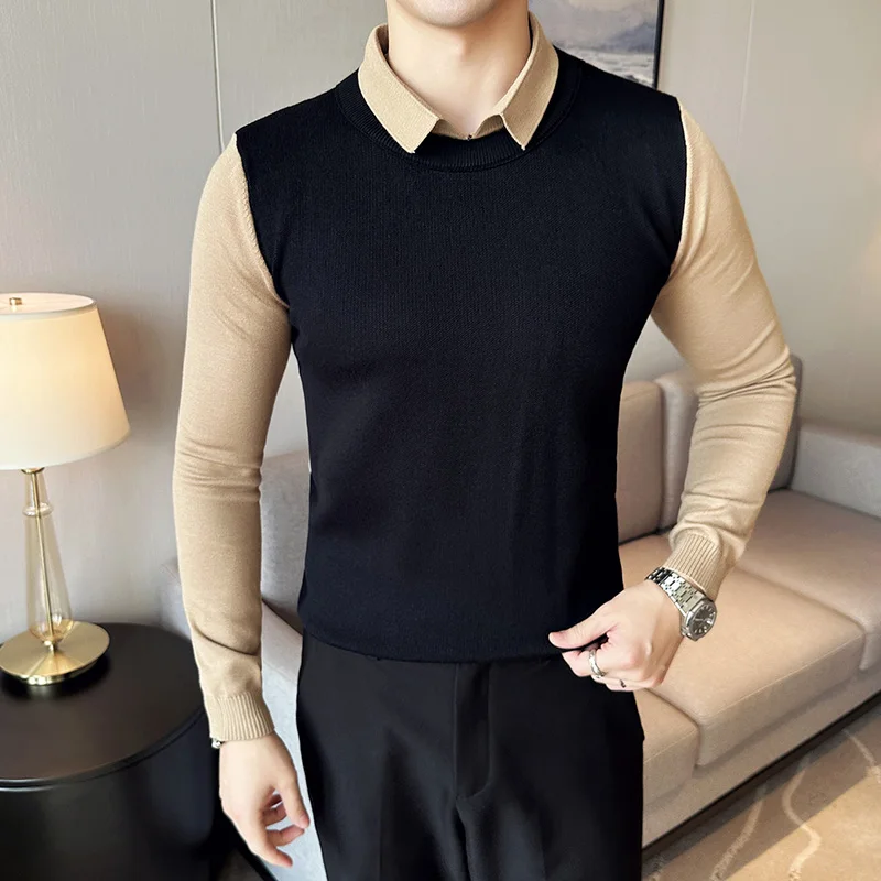 Alternative view of Knitwear Sweater Korean Luxury Clothing Winter Contrasting Color Turn Down Collar Sweaters For Men Slim Fit Casual Pull Homme