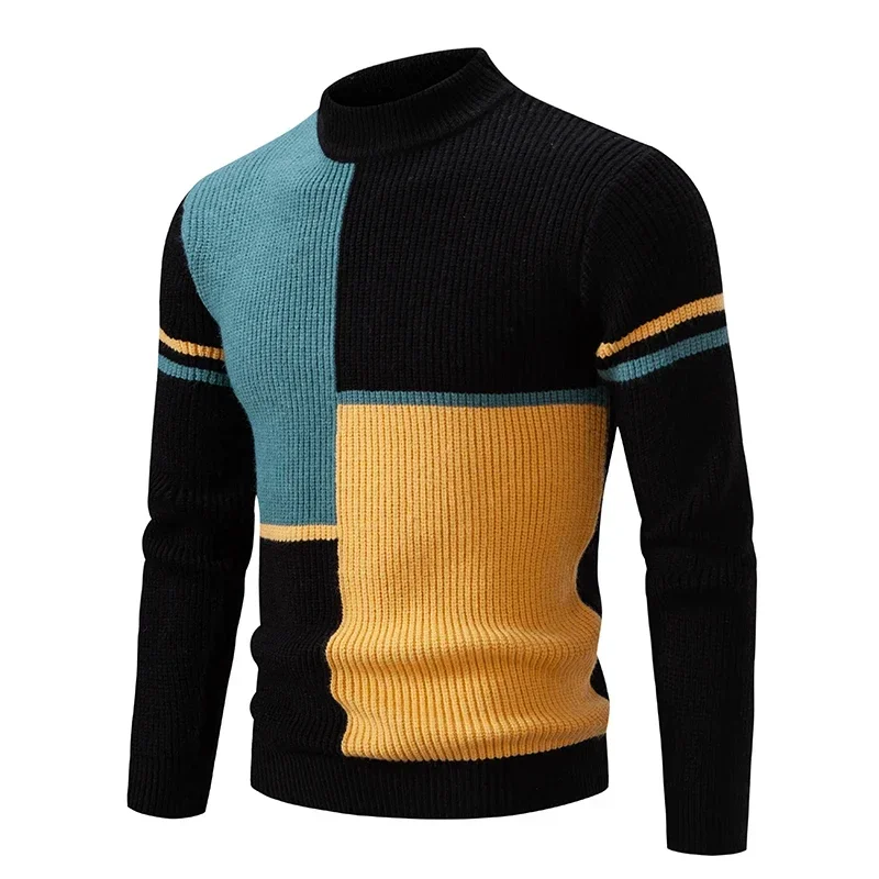 Alternative view of Men's Autumn Winter New Mock Neck Pullovers Fashion Patchwork Knitted Warm Sweater Man Slim Fit Casual Knitwear Sweaters Tops