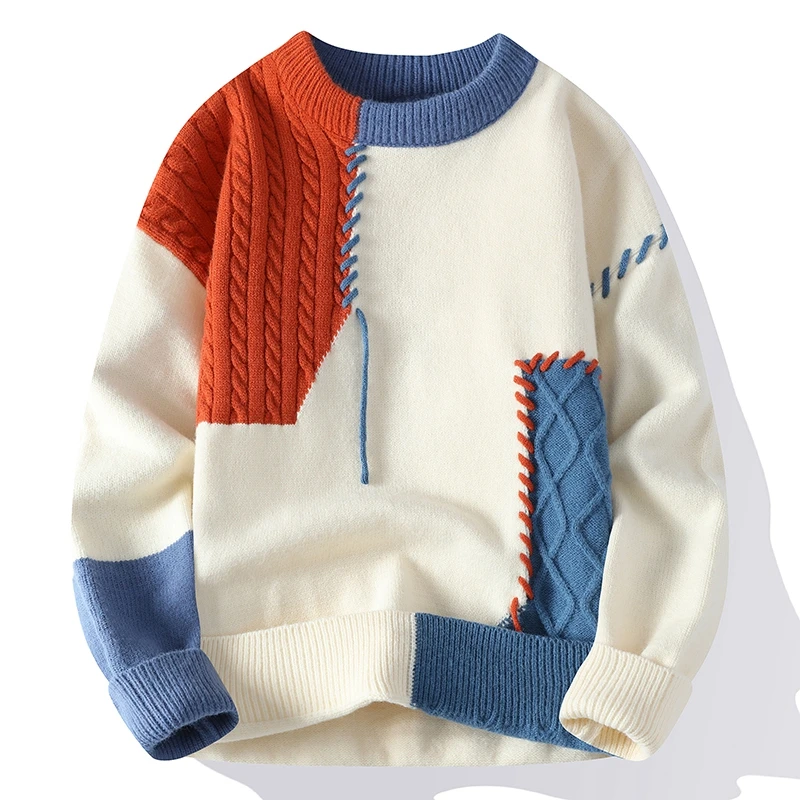 2024 New Men's Contrast Color Sweater Fashion Splicing Classic Cashmere Sweater Round Neck Warm Knitted Pullover Men's Clothing