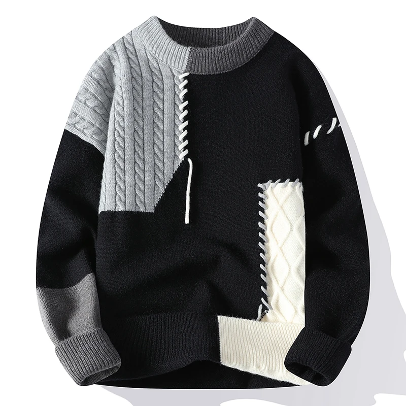 Alternative view of 2024 New Men's Contrast Color Sweater Fashion Splicing Classic Cashmere Sweater Round Neck Warm Knitted Pullover Men's Clothing