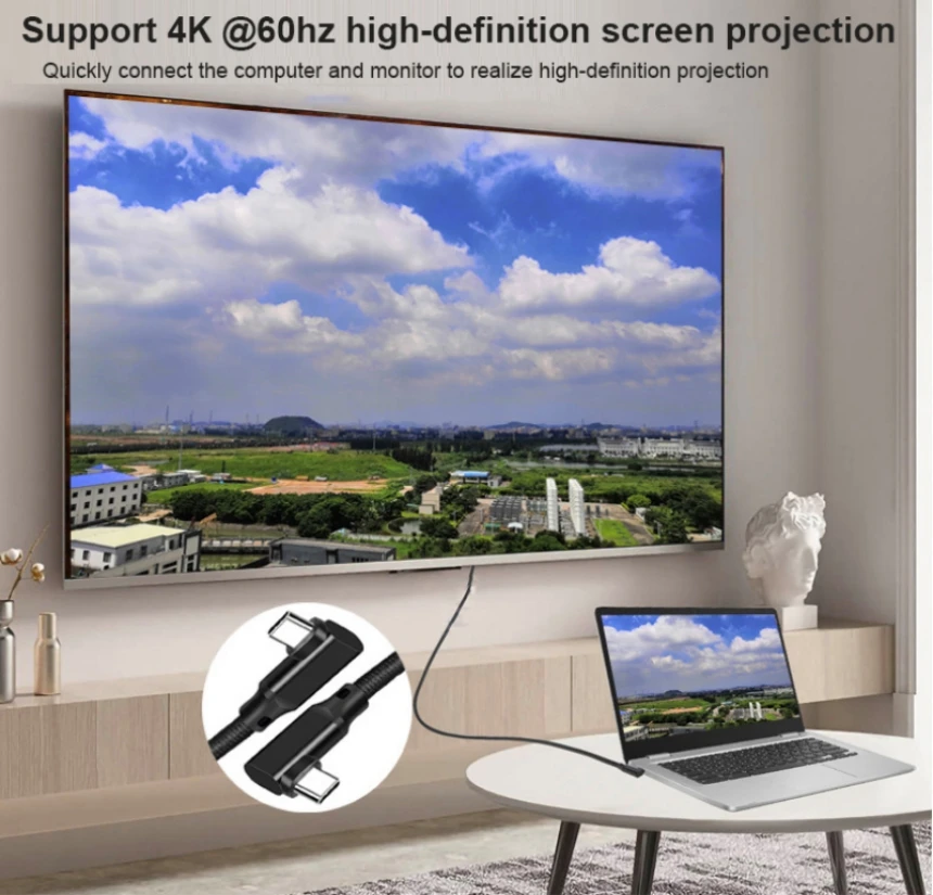 Alternative view of USB C to USB C Video Cable Type-C3.2 Gen2 Cable 90Degree 4K@60Hz Video Monitor Cable 20Gbps Data Transfer PD100W 5A Fast Charger