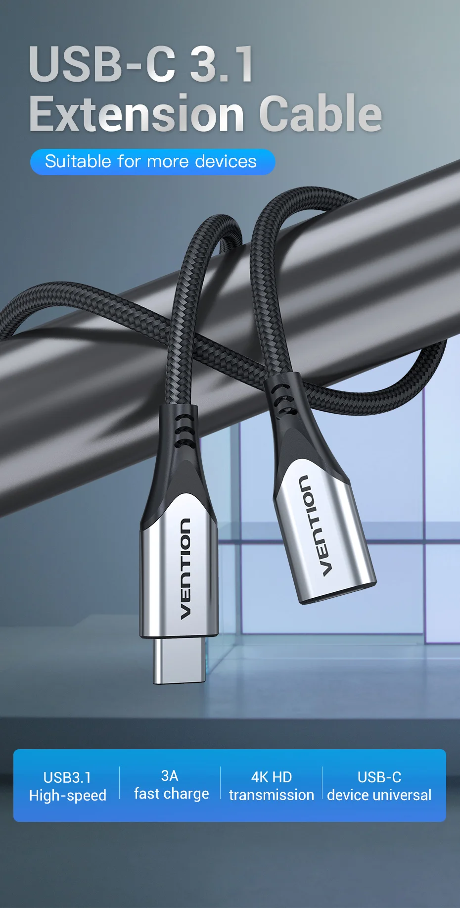 Vention USB C Extension Cable Type C Extender Cord 4K Thubderbolt 3 Male to Female Cable for MacBook Pro USB 3.1 Extension Cable Vention USB C Extension Cable Type C Extender Cord 4K Thubderbolt 3 Male to Female Cable for MacBook Pro USB 3.1 Extension Cable