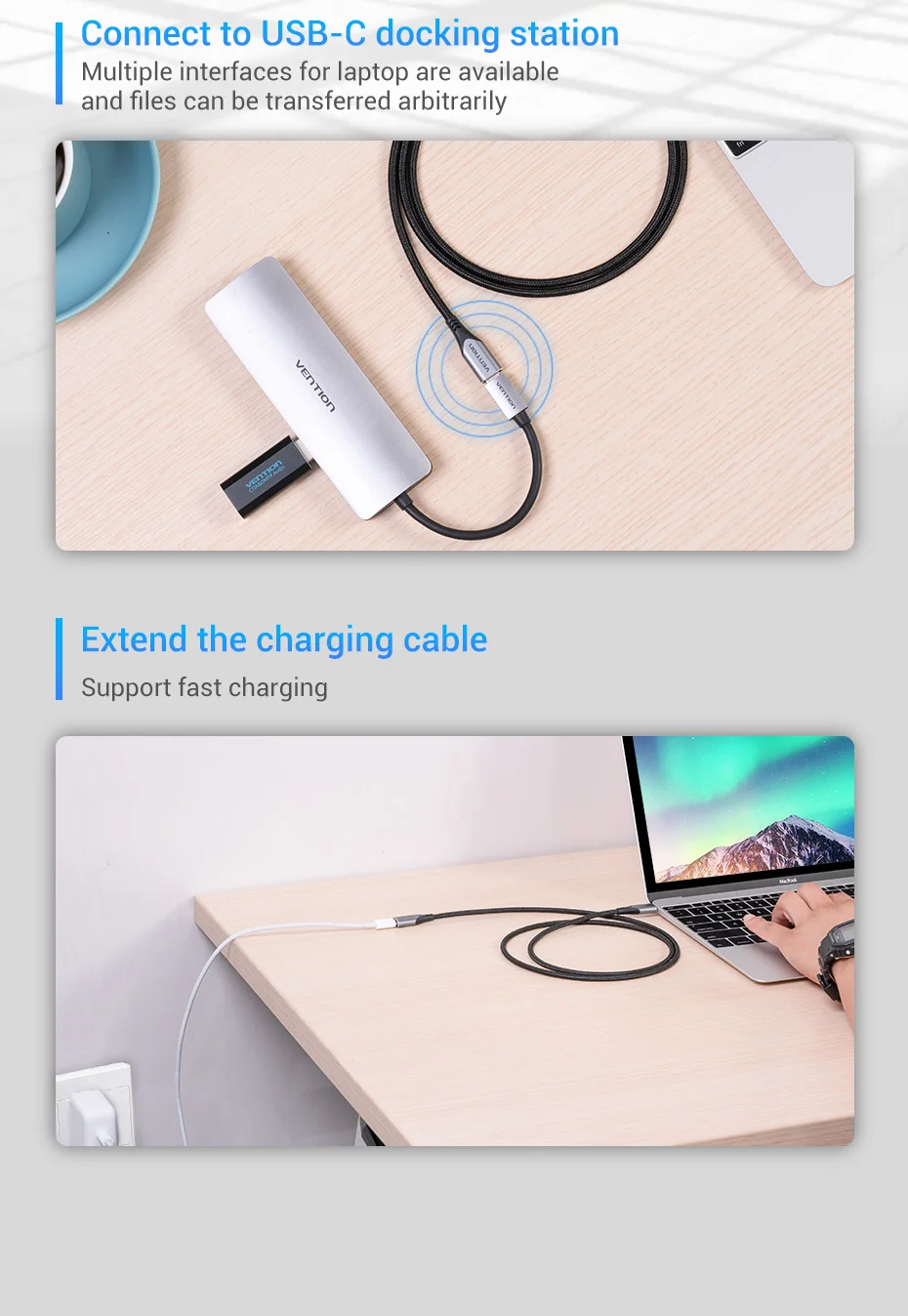 Vention USB C Extension Cable Type C Extender Cord 4K Thubderbolt 3 Male to Female Cable for MacBook Pro USB 3.1 Extension Cable Vention USB C Extension Cable Type C Extender Cord 4K Thubderbolt 3 Male to Female Cable for MacBook Pro USB 3.1 Extension Cable