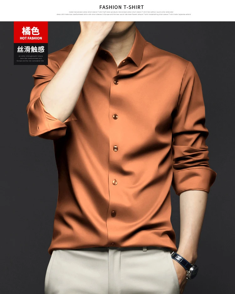 6XL Spring/Summer Formal Men's Fashion long-sleeved shirt Luxury wrinkle-proof non-ironed solid color business casual ice silk