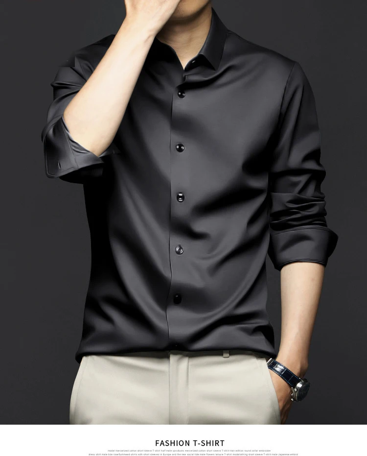 6XL Spring/Summer Formal Men's Fashion long-sleeved shirt Luxury wrinkle-proof non-ironed solid color business casual ice silk