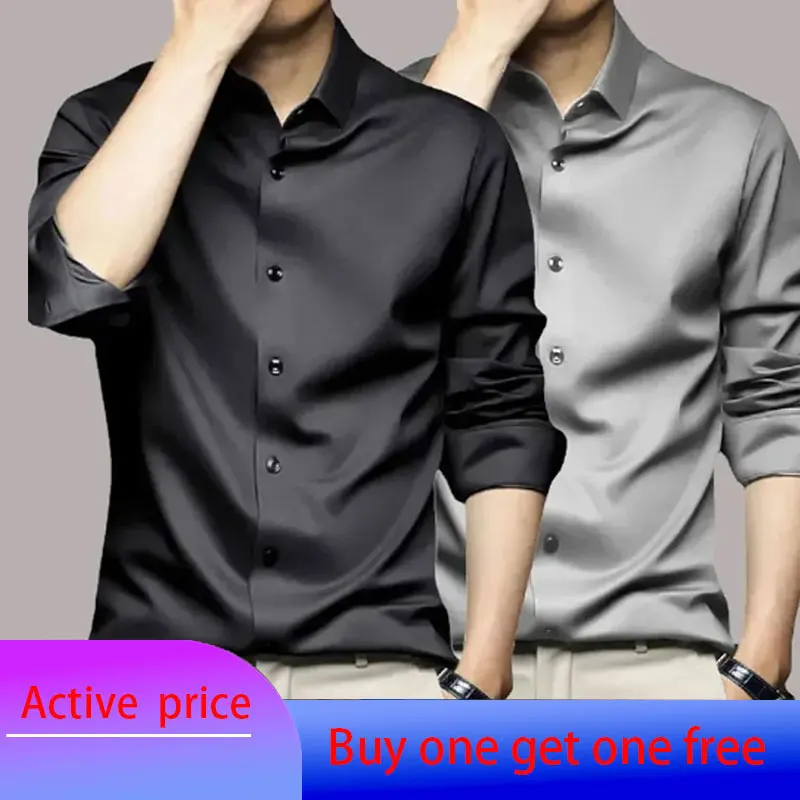 Alternative view of 6XL Spring/Summer Formal Men's Fashion long-sleeved shirt Luxury wrinkle-proof non-ironed solid color business casual ice silk