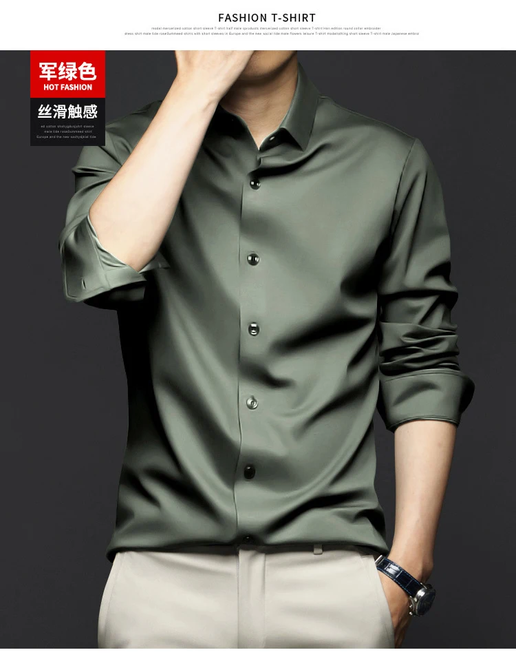 6XL Spring/Summer Formal Men's Fashion long-sleeved shirt Luxury wrinkle-proof non-ironed solid color business casual ice silk