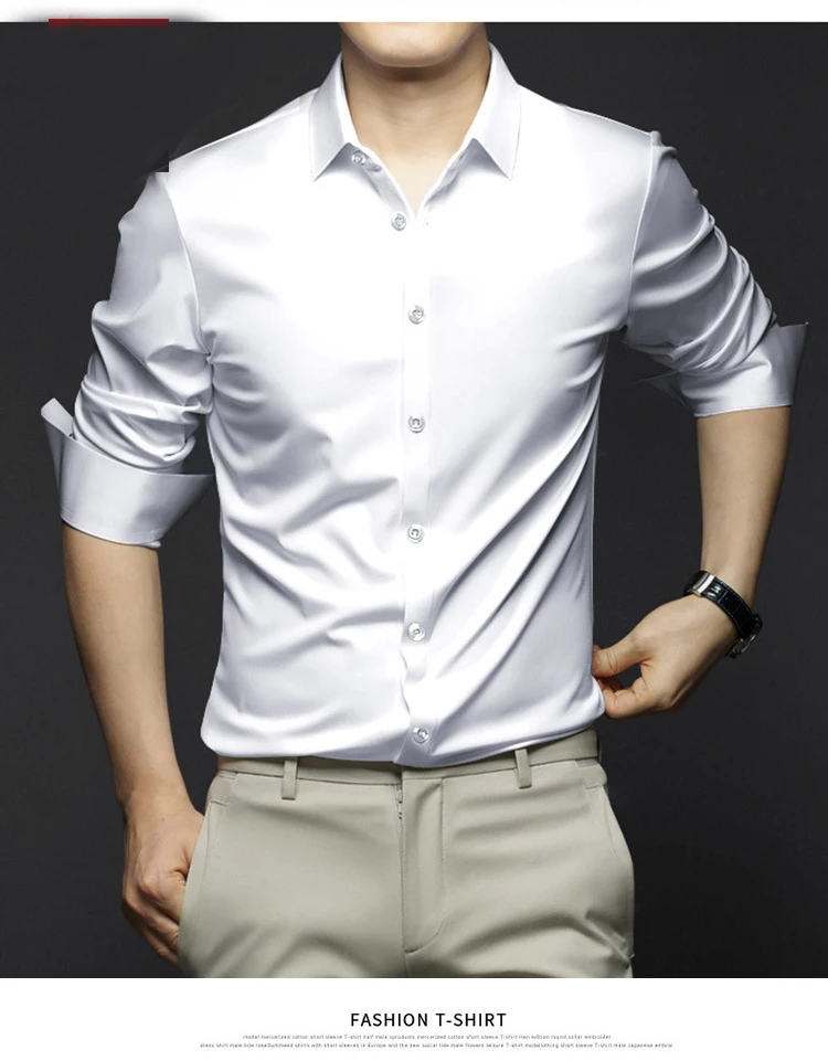 6XL Spring/Summer Formal Men's Fashion long-sleeved shirt Luxury wrinkle-proof non-ironed solid color business casual ice silk