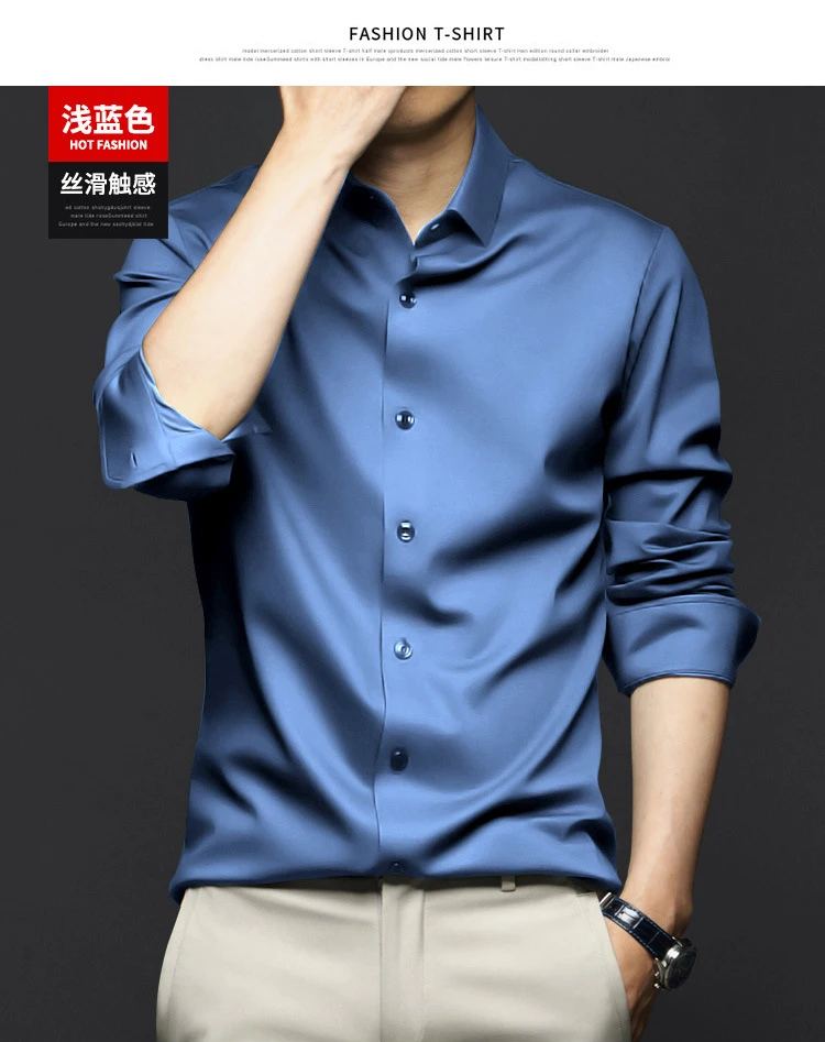 6XL Spring/Summer Formal Men's Fashion long-sleeved shirt Luxury wrinkle-proof non-ironed solid color business casual ice silk