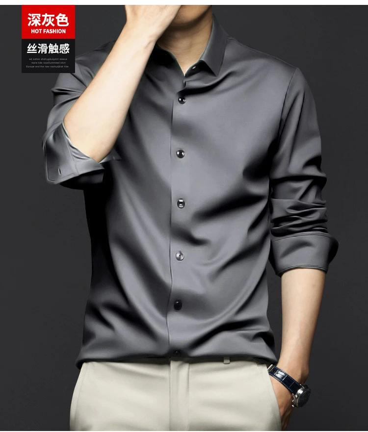 6XL Spring/Summer Formal Men's Fashion long-sleeved shirt Luxury wrinkle-proof non-ironed solid color business casual ice silk