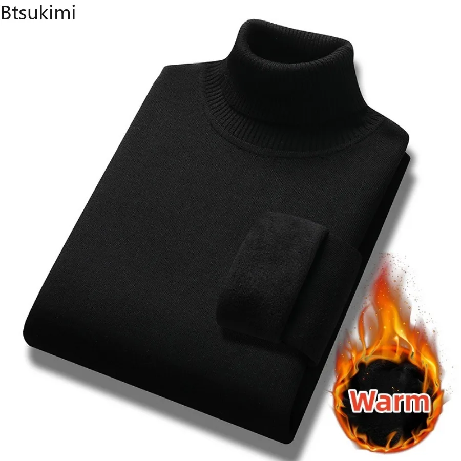 Alternative view of New 2024 Basic Warm Sweater for Men Winter Casual Pullover Warm Turtleneck Sweater Velvet Thick Solid Slim Bottoming Shirt Homme