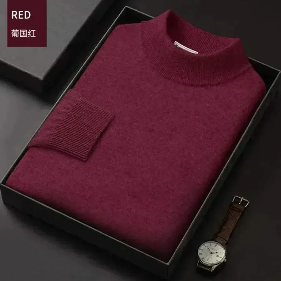 Alternative view of New 2024 Men's Mock Collar 100% Pure Woolen Sweater Tops Autumn Winter Cashmere Sweater Men Pullover Knitted Warm Sweater Male