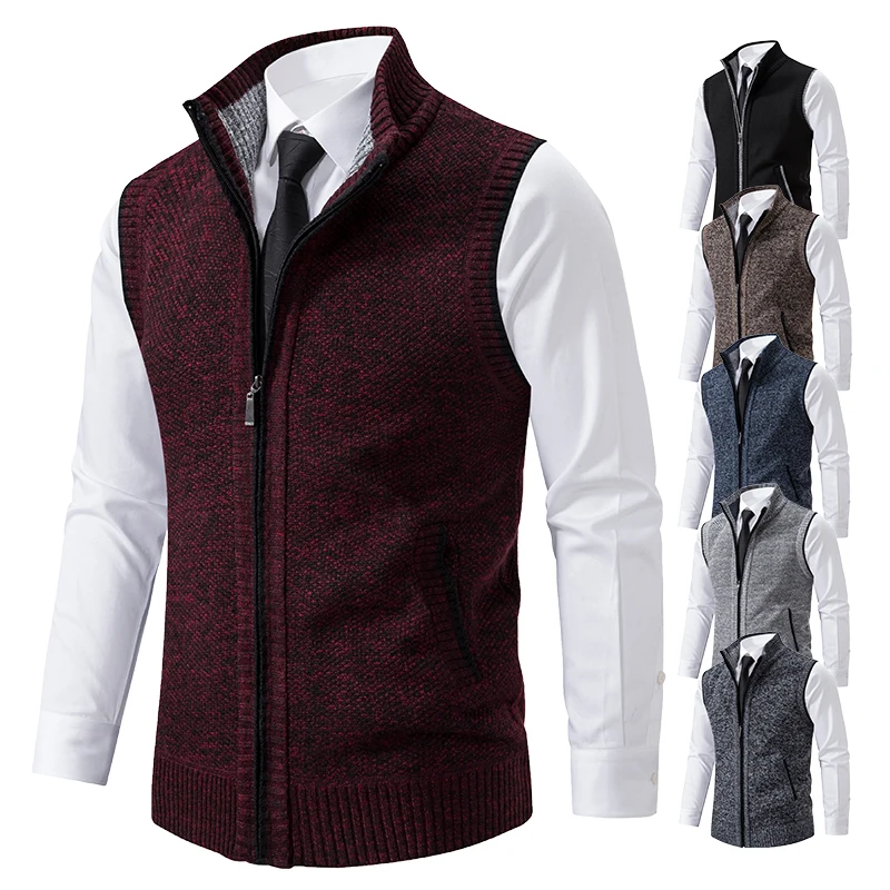 Alternative view of Vest Men's Knitted Sleeveless Sweater Wool Velvet Zipper Cardigan Turn-down Pullovers Turtleneck Sweatercoat Knit Waistcoat