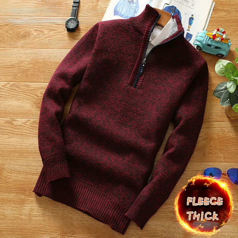 Alternative view of Winter Men's Fleece Thicker Sweater Half Zipper Turtleneck Warm Pullover Quality Male Slim Knitted Wool Sweaters for Spring