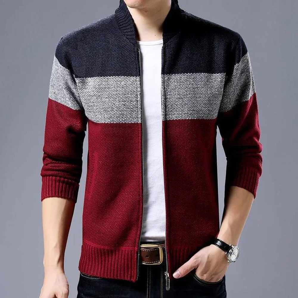 Alternative view of Spring Winter New Men's Cardigan Single-Breasted Fashion Knit  Plus Size Sweater Stitching Colorblock Stand Collar Coats Jackets