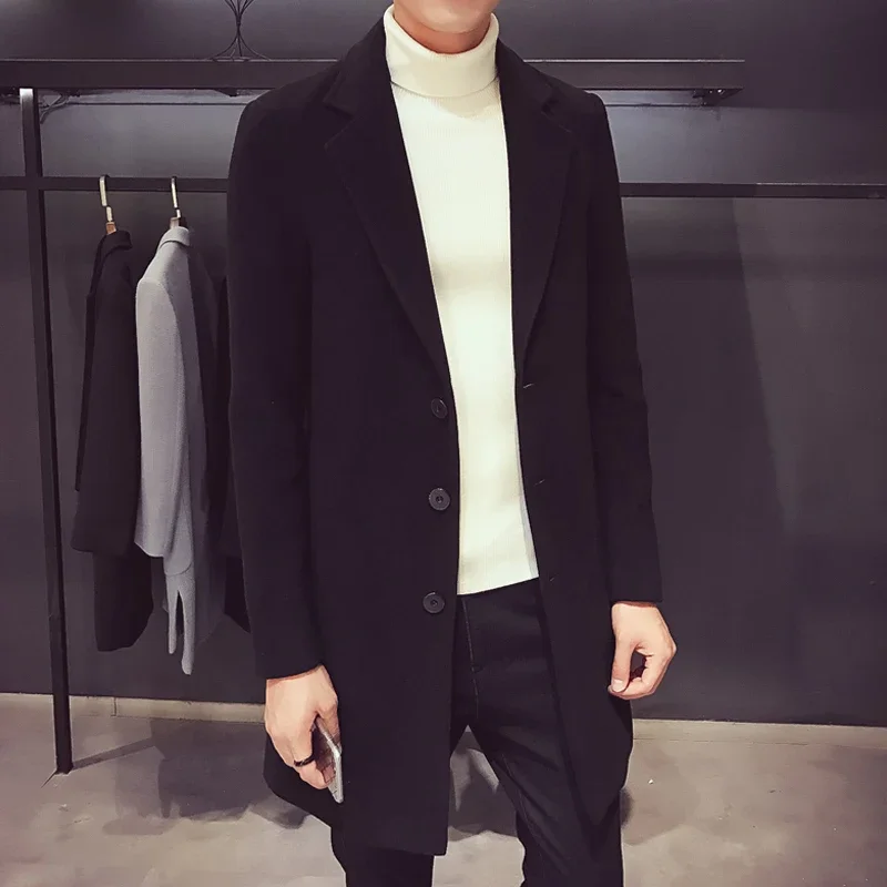 Alternative view of Mens Long Cotton Coat spring autumn New Wool Blend Pure Color Slim Casual Business Fashion Mens Clothing Slim Windbreaker Jacket
