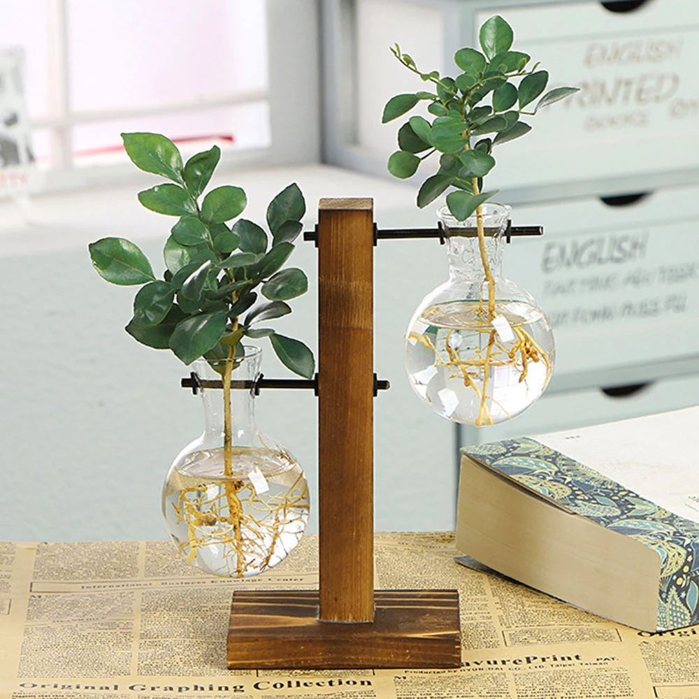 Alternative view of Creative Glass Desktop Planter Bulb Vase Wooden Stand Hydroponic Plant Container Home Tabletop Decor Vases