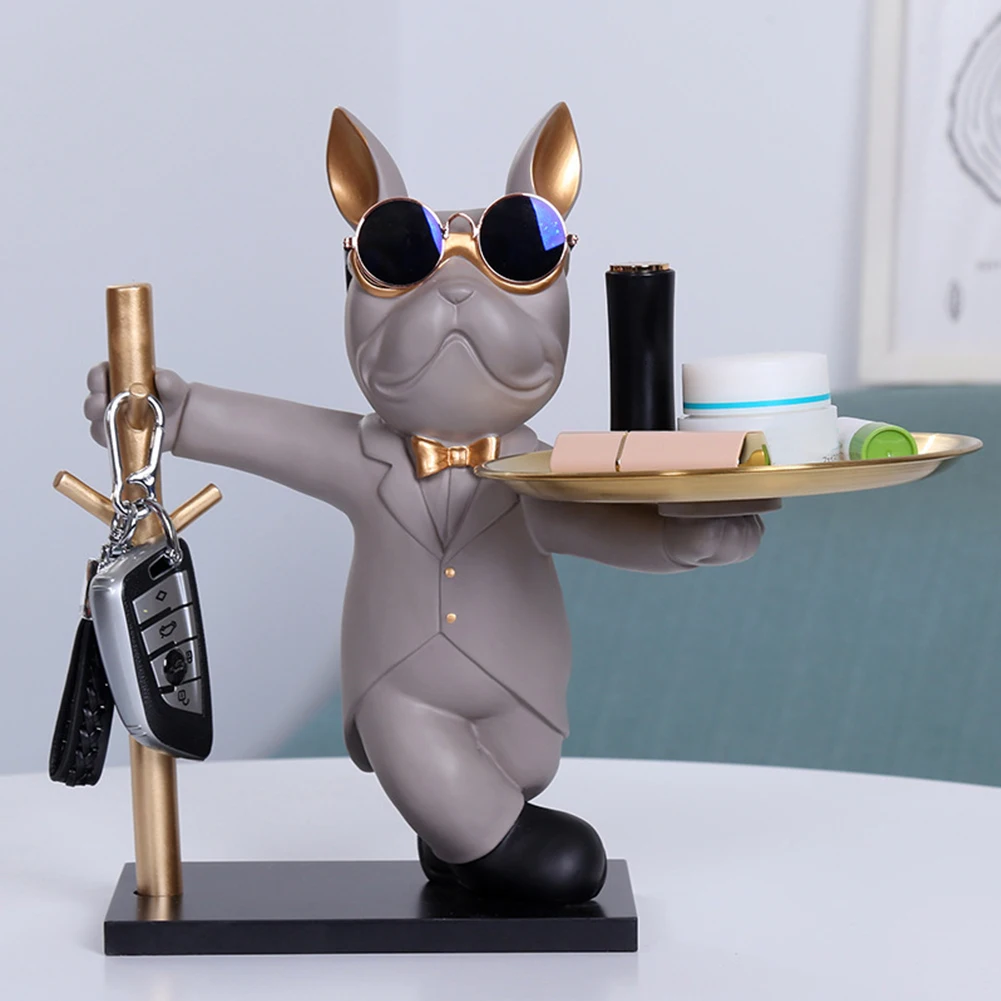 Alternative view of French Bulldog Sculpture Dog Statue Decorative Figurine Storage Metal Tray Coin Piggy Bank Entrance Key Snack Holder