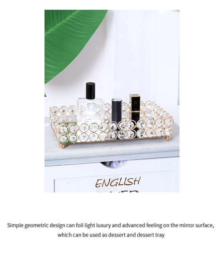 Crystal Decorative Tray Table Makeup Organizer Glass Mirror Perfume Lipstick Storage Plate Luxury Serving Tray Home Trinket Dish