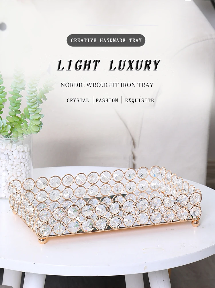 Crystal Decorative Tray Table Makeup Organizer Glass Mirror Perfume Lipstick Storage Plate Luxury Serving Tray Home Trinket Dish