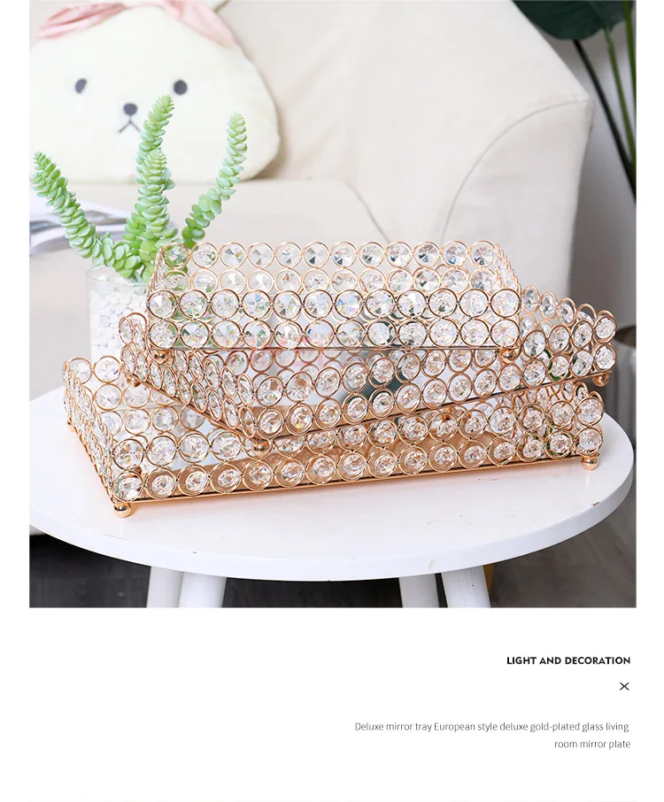 Crystal Decorative Tray Table Makeup Organizer Glass Mirror Perfume Lipstick Storage Plate Luxury Serving Tray Home Trinket Dish