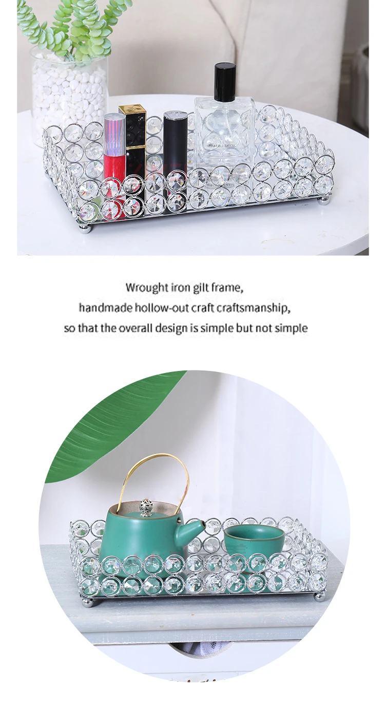 Crystal Decorative Tray Table Makeup Organizer Glass Mirror Perfume Lipstick Storage Plate Luxury Serving Tray Home Trinket Dish