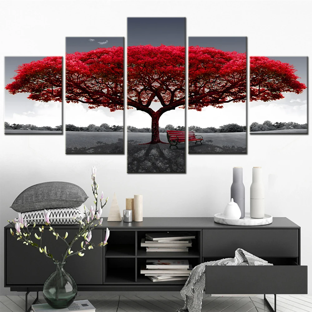 Alternative view of Nature 5 Pieces Canvas Art Wall Decor Painting Abstract Red Tree Sunset Picture Modular Home Decoration Poster Print Photo Frame
