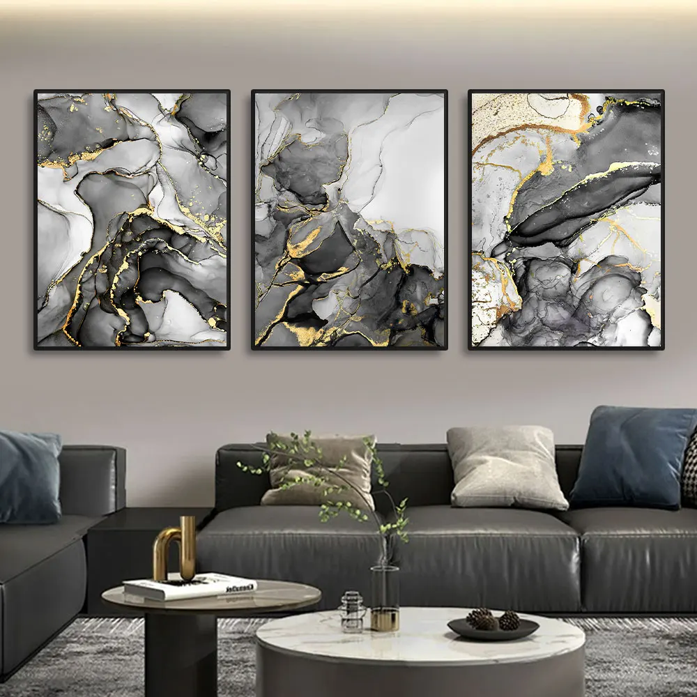 3pcs Canvas Art Painting Home Decor Wall Art Abstract Marble Scenery Picture Golden Luxury Decor Poster Prints for Living Room