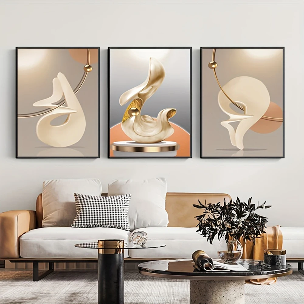 Alternative view of 3pcs Frameless Nordic Abstract Beige Geometry Canvas Painting Luxury Wall Art Poster HD Print Picture for Living Room Home Decor