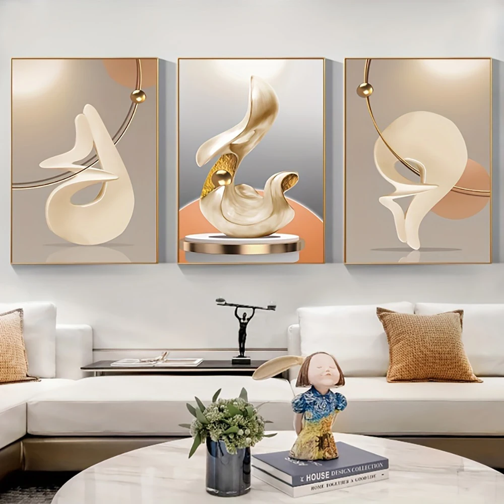 3pcs Frameless Nordic Abstract Beige Geometry Canvas Painting Luxury Wall Art Poster HD Print Picture for Living Room Home Decor