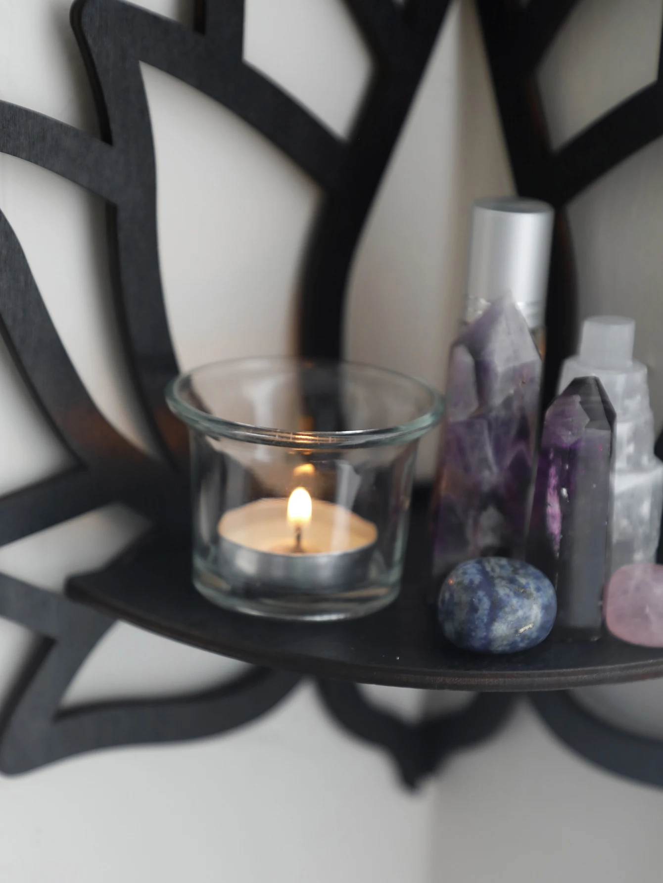 Alternative view of Lotus Crystal Corner Shelf Crystal Shelf Display Black Wooden Wall Shelves Essential Oil Shelf Witchy Decor Aesthetic Spiritual