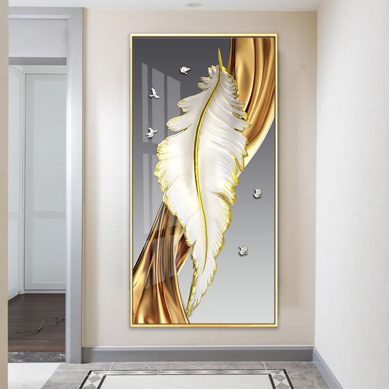 Nordic Luxury Abstract Wall Art Golden White Feathers Canvas Painting Gold Ribbon Posters for Porch Corridor Home Decoration