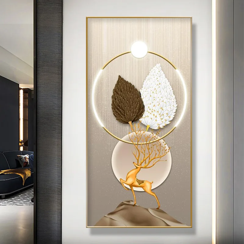 Alternative view of Nordic Luxury Abstract Wall Art Golden White Feathers Canvas Painting Gold Ribbon Posters for Porch Corridor Home Decoration