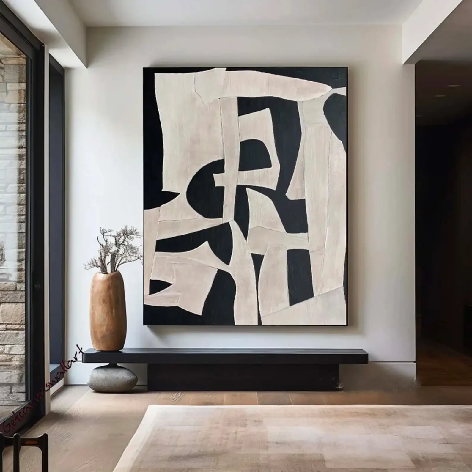 Beige Wabi Sabi Wall Art Black Beige Abstract Painting Handmade Minimalist Canvas Large Neutral Rich Textured Living Room Decor