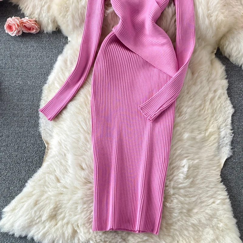 YuooMuoo Autumn Winter 2023 Women Dress Elegant Cross V-neck Slim Waist Knitted Bodycon Dress Korean Office Lady Vestidos