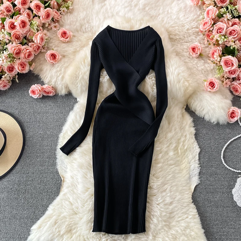 YuooMuoo Autumn Winter 2023 Women Dress Elegant Cross V-neck Slim Waist Knitted Bodycon Dress Korean Office Lady Vestidos