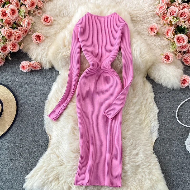 YuooMuoo Autumn Winter 2023 Women Dress Elegant Cross V-neck Slim Waist Knitted Bodycon Dress Korean Office Lady Vestidos