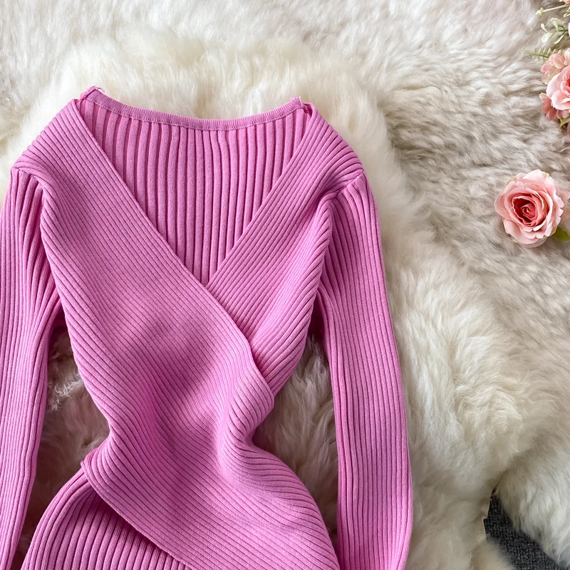 YuooMuoo Autumn Winter 2023 Women Dress Elegant Cross V-neck Slim Waist Knitted Bodycon Dress Korean Office Lady Vestidos