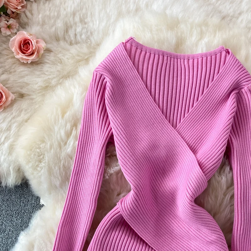 YuooMuoo Autumn Winter 2023 Women Dress Elegant Cross V-neck Slim Waist Knitted Bodycon Dress Korean Office Lady Vestidos