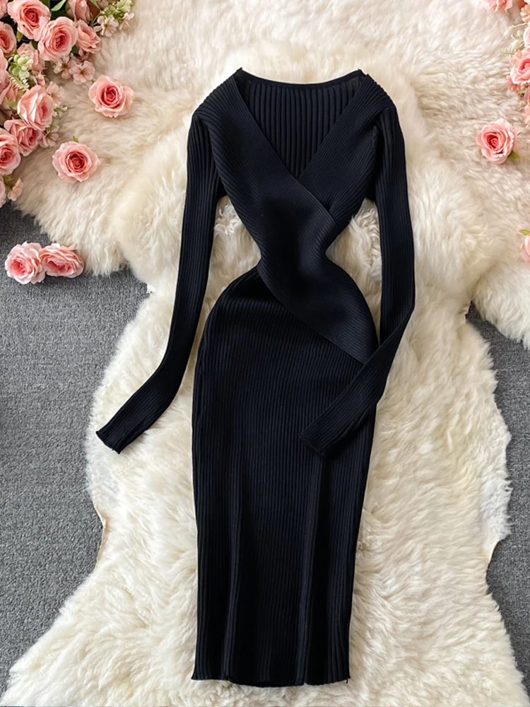 Alternative view of YuooMuoo Autumn Winter Women Dress Elegant Cross V-neck Slim Waist Knitted Bodycon Dress Korean Office Lady Vestidos