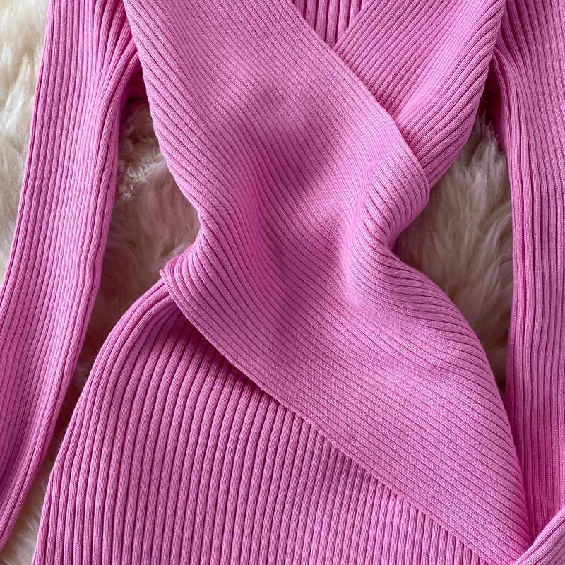 YuooMuoo Autumn Winter 2023 Women Dress Elegant Cross V-neck Slim Waist Knitted Bodycon Dress Korean Office Lady Vestidos
